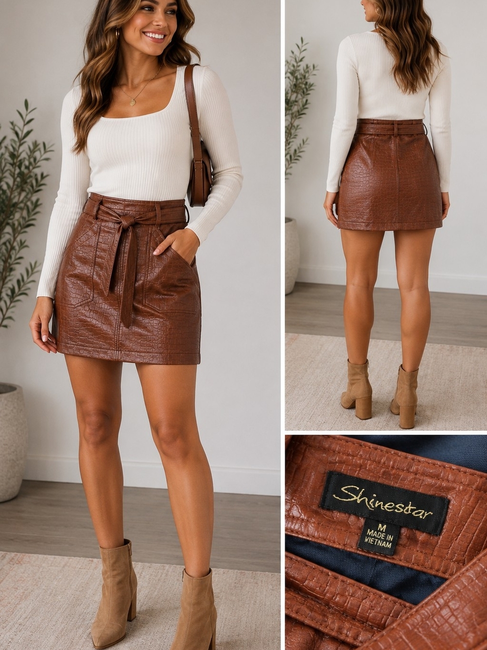 Shinestar Chocolate Brown Faux-Leather Tie-Waist Mini Skirt